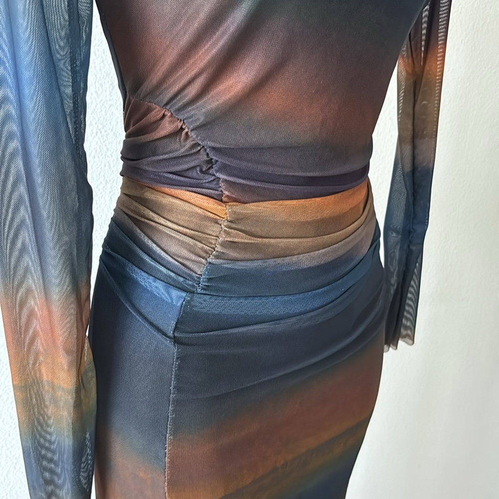BodyCon Dress L Ruched Ombre Sunset Sheer Sleeves Y2K Dark Fairy Ethereal Grunge - Picture 11 of 15